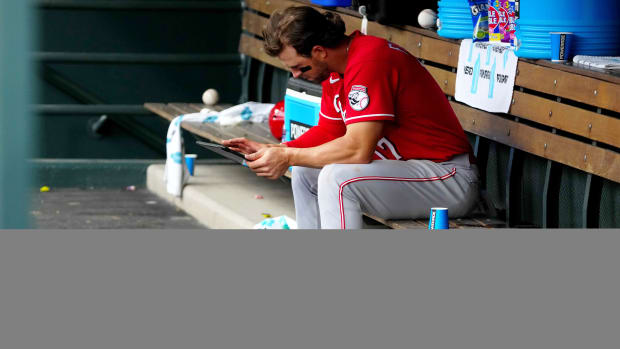 May 1, 2022; Denver, Colorado, USA; Cincinnati Reds shortstop Kyle Farmer (17) in the dugout following the loss to the Colorado Rockies at Coors Field.