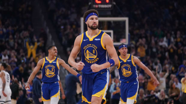 May 13, 2022; San Francisco, California, USA; Golden State Warriors guard Klay Thompson (11) reacts after making a three point basket against the Memphis Grizzlies in the second quarter during game six of the second round for the 2022 NBA playoffs at Chase Center.