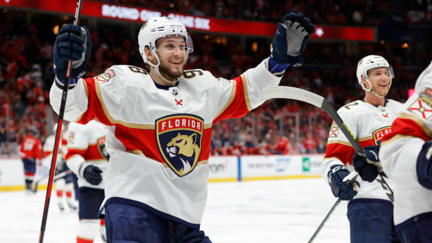 Florida Panthers players celebrate after their game against the Washington Capitals in overtime in game six of the first round of the 2022 Stanley Cup Playoffs at Capital One Arena. The Panthers won the series 4-2.