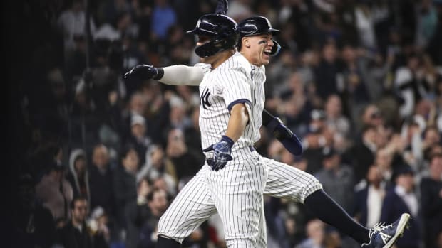 New York Yankees sluggers Aaron Judge and Giancarlo Stanton celebrate home run