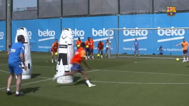 FC Barcelona players show their heading and goalkeeping skills