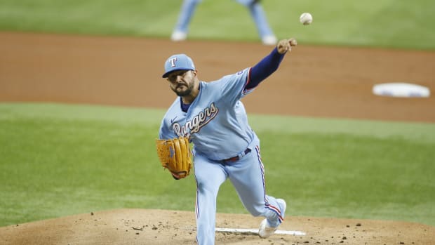 May 15, 2022; Arlington, Texas, USA; Texas Rangers starting pitcher Martin Perez #54 throws a pitch in the first inning against the Boston Red Sox at Globe Life Field.