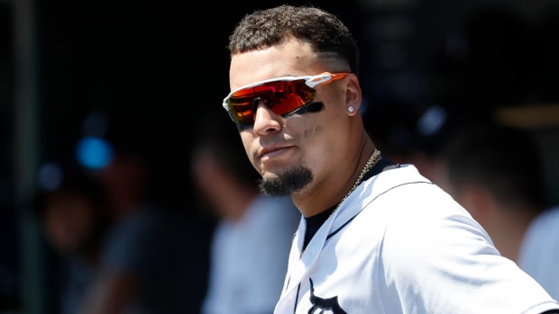May 15, 2022; Detroit, Michigan, USA;  Detroit Tigers shortstop Javier Baez (28) watches from the dugout in the second inning against the Baltimore Orioles at Comerica Park.