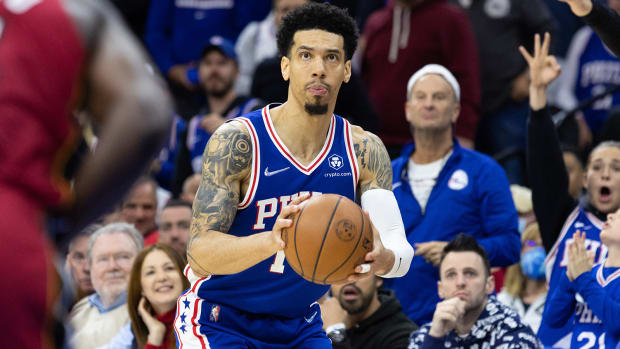 Philadelphia 76ers forward Danny Green (14) shoots the ball against the Miami Heat during the fourth quarter in game three of the second round for the 2022 NBA playoffs.