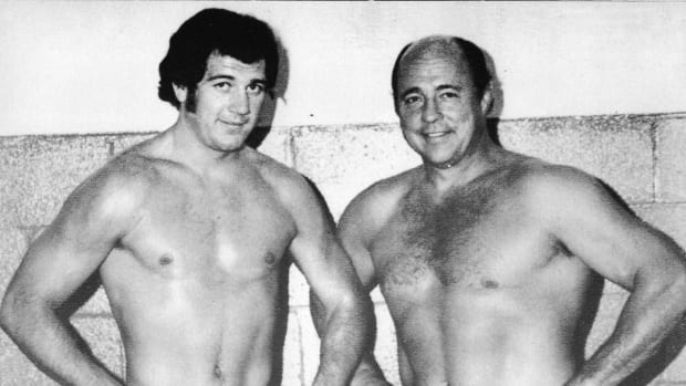 Black and white photo of wrestlers Greg and Vern Gagne