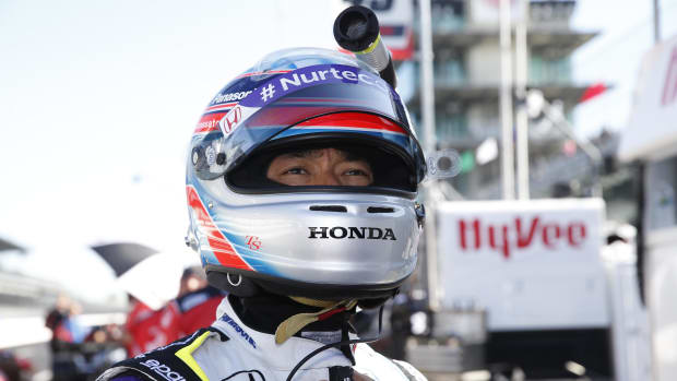 Takuma Sato waited until almost the day was over to record the fastest speed in Tuesday's first day of practice for the Indianapolis 500. IndyCar photo: Chris Jones.