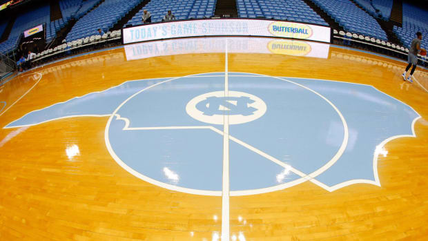 A general view of the logo on the court at Dean E. Smith Center.