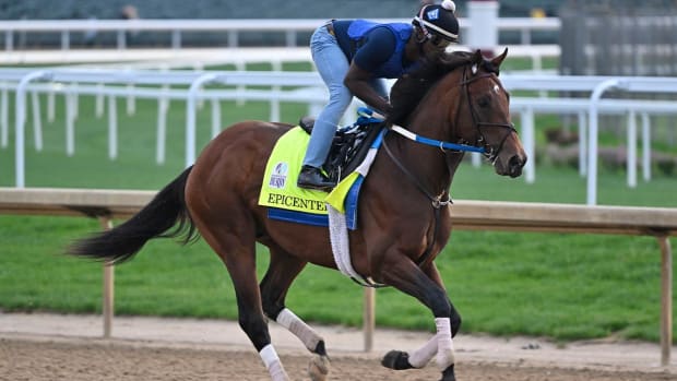 May 4, 2022; Louisville, KY, USA; An exercise rider works Kentucky Derby entry Epicenter during morning workouts at Churchill Downs.
