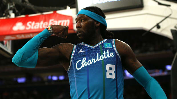 Charlotte Hornets center Montrezl Harrell (8) reacts after a dunk and a foul against the New York Knicks during the second quarter at Madison Square Garden.