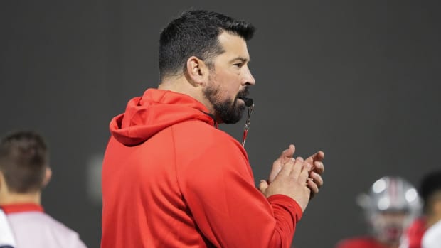 Ohio State coach Ryan Day leads a spring football practice.