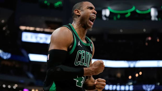 Boston Celtics’ Al Horford reacts during the second half of Game 4 of an NBA basketball Eastern Conference semifinals playoff series Monday, May 9, 2022, in Milwaukee. The Celtics won 116-108 to tie the series 2-2. (AP Photo/Morry Gash)