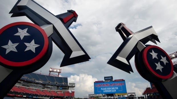 Pregame warm ups are halted as lightning moves into the area before an NFL Preseason game between the Tennessee Titans and the Chicago Bears at Nissan Stadium Saturday, Aug. 28, 2021 in Nashville, Tenn.