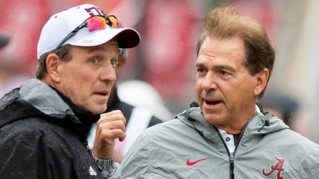 Texas A&M's Jimbo Fisher and Alabama's Nick Saban will meet on Oct. 8 in Tuscaloosa. Photo by Mickey Welsh/USA Today