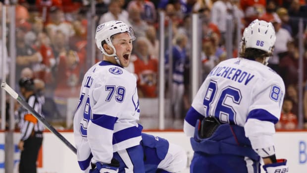 May 19, 2022; Sunrise, Florida, USA; Tampa Bay Lightning center Ross Colton (79) celebrates after scoring the winning goal during the third period against the Florida Panthers in game two of the second round of the 2022 Stanley Cup Playoffs at FLA Live Arena.