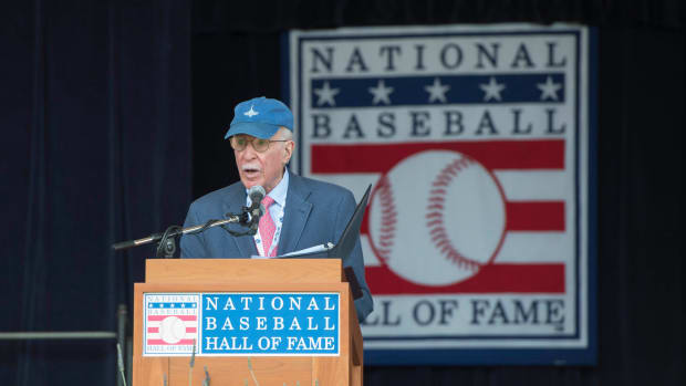 Roger Angell give his acceptance speak after receiving the J G Taylor Spink Award at National Baseball Hall of Fame.