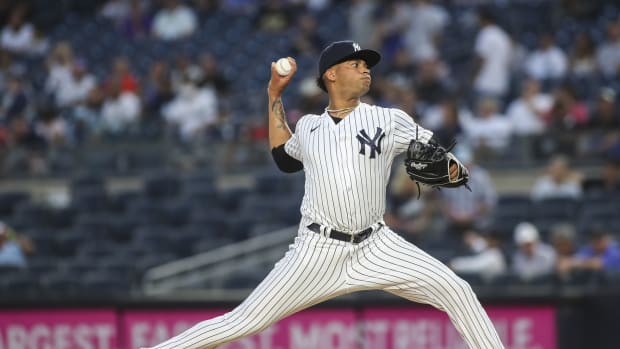 New York Yankees SP Luis Gil pitching at Yankee Stadium