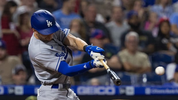 May 20, 2022; Philadelphia, Pennsylvania, USA; Los Angeles Dodgers shortstop Trea Turner (6) hits a double during the fifth inning against the Philadelphia Phillies at Citizens Bank Park.