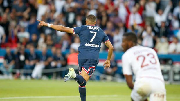 Kylian Mbappe pictured celebrating a goal against Metz on the final day of the 2021/22 Ligue 1 season