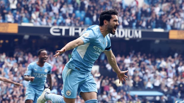 Ilkay Gundogan pictured celebrating after scoring a goal in Manchester City's 3-2 win over Aston Villa on the final day of the 2021/22 season