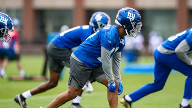 May 13, 2022; East Rutherford, NJ, USA; New York Giants wide receiver Wan'Dale Robinson (17) practices a drill during rookie camp at Quest Diagnostics Training Center.