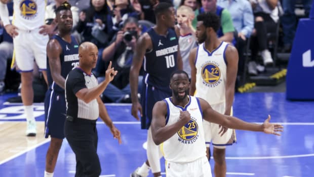 May 22, 2022; Dallas, Texas, USA; Golden State Warriors forward Draymond Green (23) reacts during the second quarter against the Dallas Mavericks in game three of the 2022 Western Conference finals at American Airlines Center. Mandatory Credit: Kevin Jairaj-USA TODAY Sports