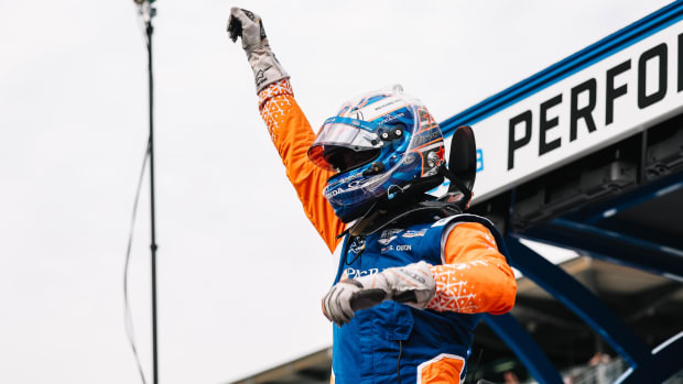 Scott Dixon celebrates after setting a record for fastest four-lap pole qualifying run for next Sunday's 106th Running of the Indianapolis 500. Photo: IndyCar.