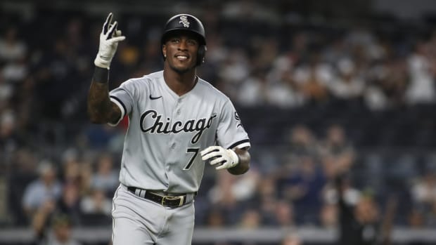 Chicago White Sox SS Tim Anderson gestures to fans on home run