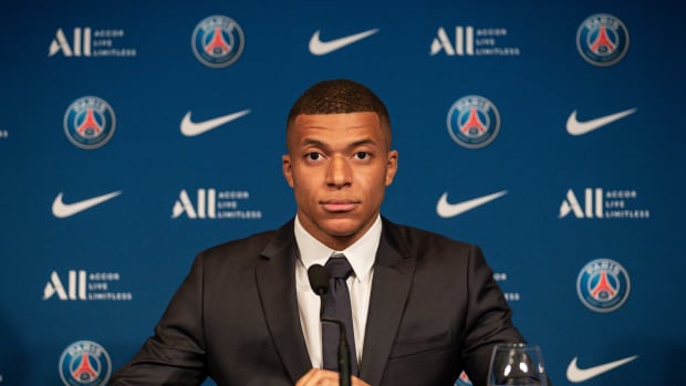Kylian Mbappe pictured at his PSG press conference in May 2022
