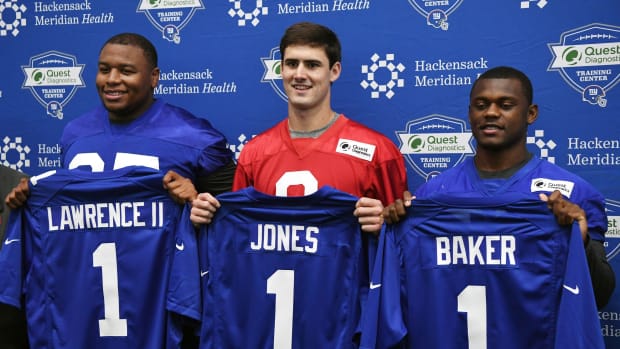 (from left) Dexter Lawrence II, Daniel Jones and Deandre Baker during New York Giants Rookie Minicamp at the Quest Diagnostics Training Center on Friday, May 3, 2019.