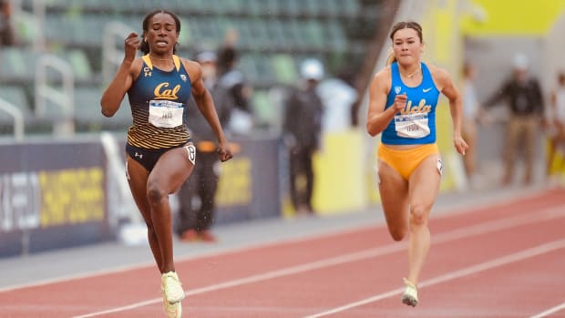 Cal sprinter Ezinne Abba, left, at the Pac-12 Championships