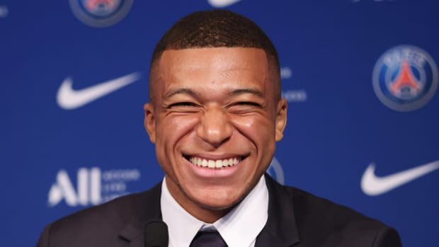 Kylian Mbappe pictured at a PSG press conference in May 2022