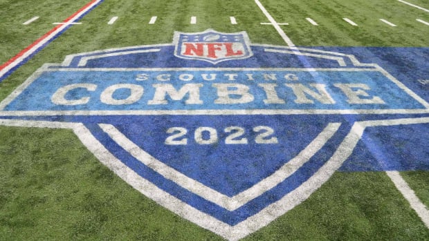 General view of the NFL Scouting Combine logo on the field during the 2022 NFL Scouting Combine at Lucas Oil Stadium.
