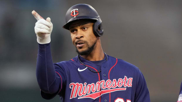 Minnesota Twins center fielder Byron Buxton (25) gestures after hitting an RBI single during the fifth inning against the Oakland Athletics at RingCentral Coliseum.