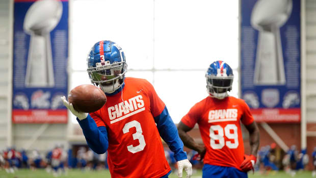 New York Giants wide receiver Sterling Shepard (3) makes one-handed catches as Kadarius Toney (89) looks on during organized team activities (OTAs) at the training center in East Rutherford on Thursday, May 19, 2022.