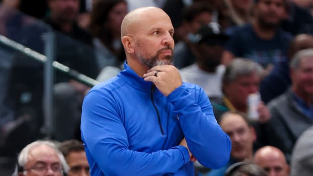 Apr 18, 2022; Dallas, Texas, USA; Dallas Mavericks head coach Jason Kidd reacts against the Utah Jazz during the second quarter in game two of the first round of the 2022 NBA playoffs at American Airlines Center.