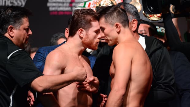 Canelo Alvarez (left) and Gennady Golovkin face off during weigh-ins for a middleweight world title boxing match.