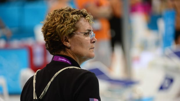 Jul 29, 2012; London, United Kingdom; USA women's swimming head coach Teri McKeever looks on before the women's 400m freestyle finals during the London 2012 Olympic Games at Aquatics Centre.