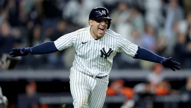 New York Yankees C Jose Trevino celebrates walk-off hit