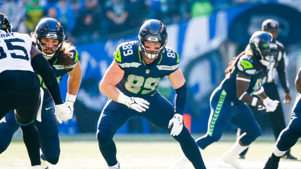 Seattle Seahawks tight end Will Dissly (89) reacts to a snap against the Jacksonville Jaguars during the second quarter at Lumen Field.