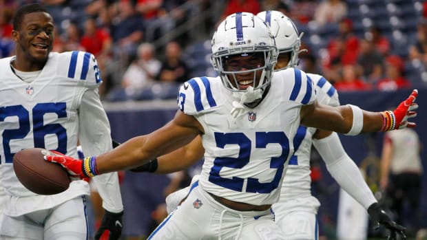 Indianapolis Colts cornerback Kenny Moore II (23) celebrates after making an interception early during the first quarter of the game Sunday, Dec. 5, 2021, at NRG Stadium in Houston. Indianapolis Colts Versus Houston Texans On Sunday Dec 5 2021 At Nrg Stadium In Houston Texas