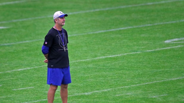 Head Coach Frank Reich watches his players during the last day of Colts camp practice Wednesday, Aug. 25, 2021 at Grand Park Sports Campus in Westfield. Last Day Of Colts Camp Practice Wednesday Aug 25 2021
