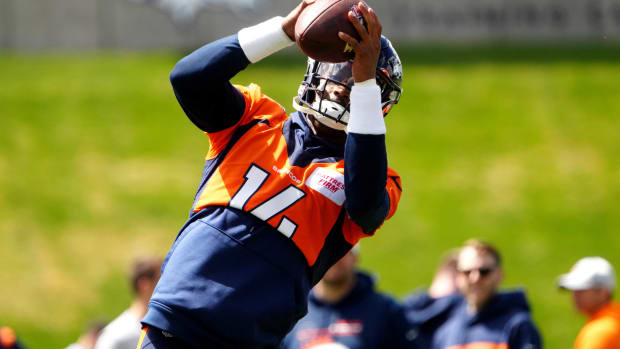 Denver Broncos wide receiver Courtland Sutton (14) works out during a Denver Broncos mini camp at UCHealth Training Center.