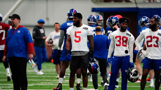 New York Giants rookie linebacker Kayvon Thibodeaux (5) on the field for organized team activities (OTAs) at the training center in East Rutherford on Thursday, May 19, 2022.