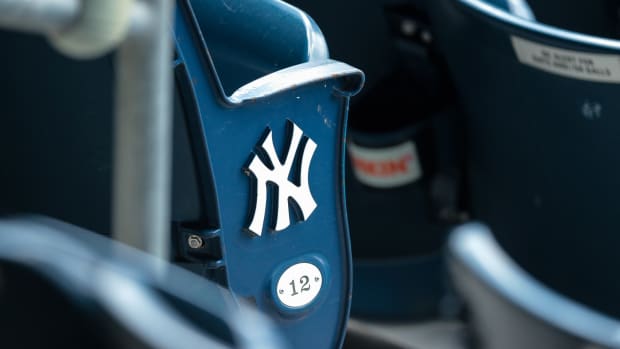 New York Yankees logo on seat at Yankee Stadium