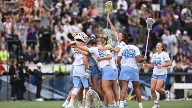 North Carolina women's lacrosse celebrates a win.