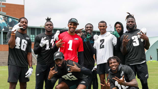 Jalen Hurts (1) with several of his WRs, including A.J. Brown (11) and Jalen Reagor between the QB and DeVonta Smith (2)
