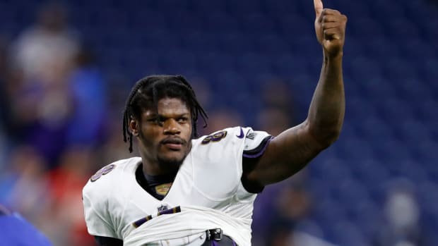Sep 26, 2021; Detroit, Michigan, USA; Baltimore Ravens quarterback Lamar Jackson (8) gives a thumbs up to fans after the game against the Detroit Lions at Ford Field. Mandatory Credit: Raj Mehta-USA TODAY Sports