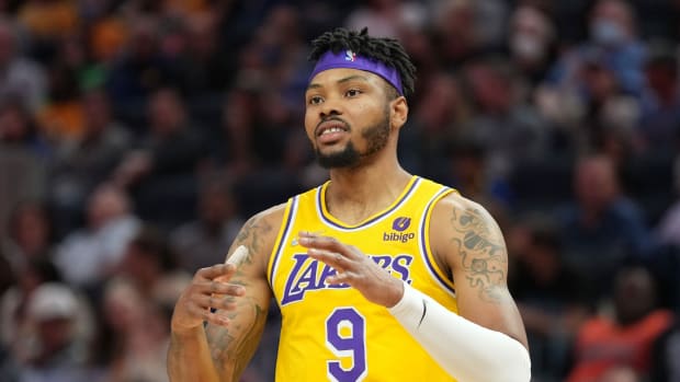 Apr 7, 2022; San Francisco, California, USA; Los Angeles Lakers forward Kent Bazemore (9) during the fourth quarter against the Golden State Warriors at Chase Center.