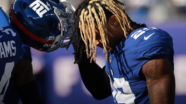 Dec 19, 2021; East Rutherford, New Jersey, USA; New York Giants free safety Xavier McKinney (29) reflects before the game against the Dallas Cowboys at MetLife Stadium.