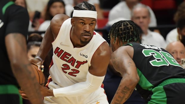 Boston Celtics guard Marcus Smart (36) defends Miami Heat forward Jimmy Butler (22) the first half of game five of the 2022 eastern conference finals.